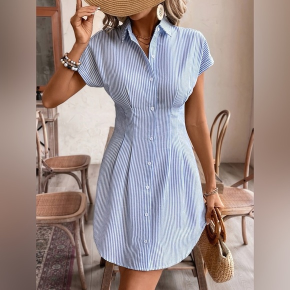 Striped Button Front Short Sleeve Dress - Picture 1 of 3
